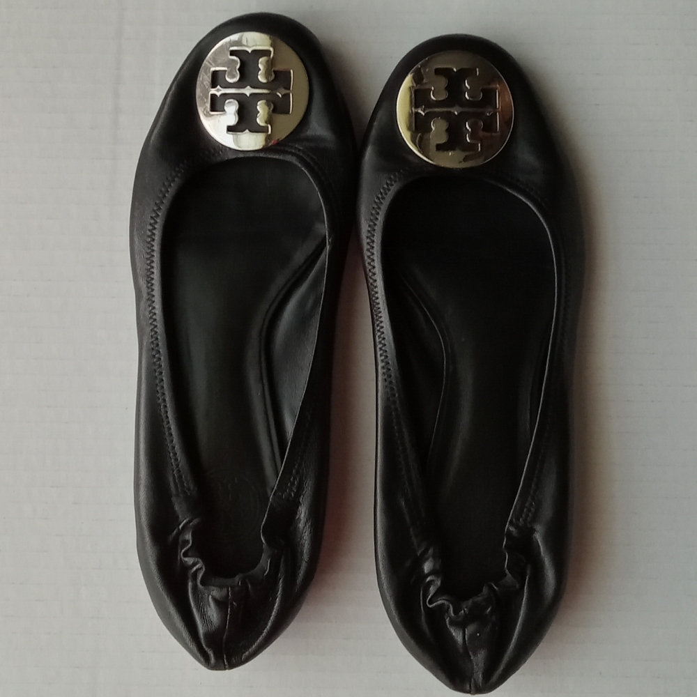 🩷💚⚜️Tory Burch⚜️🩷Black Ballet Flats Double T Signature Leather Shoe Size 8.5